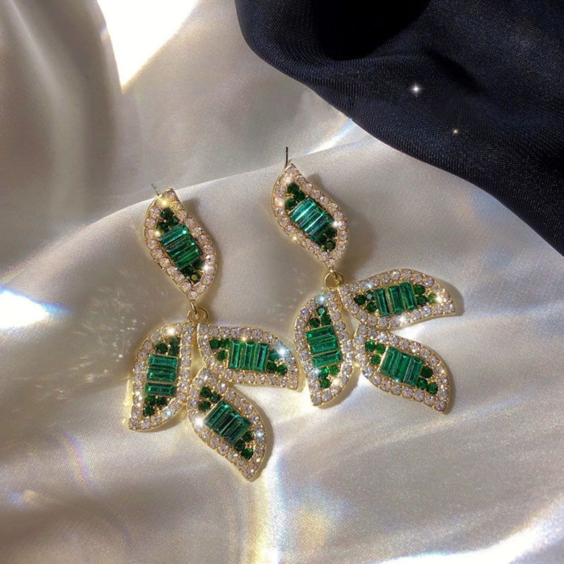 High Profile Rhinestone Sterling Silver Needle Green Leaf Earring