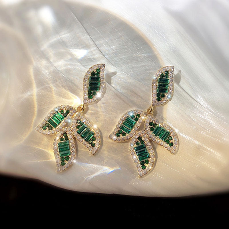 High Profile Rhinestone Sterling Silver Needle Green Leaf Earring