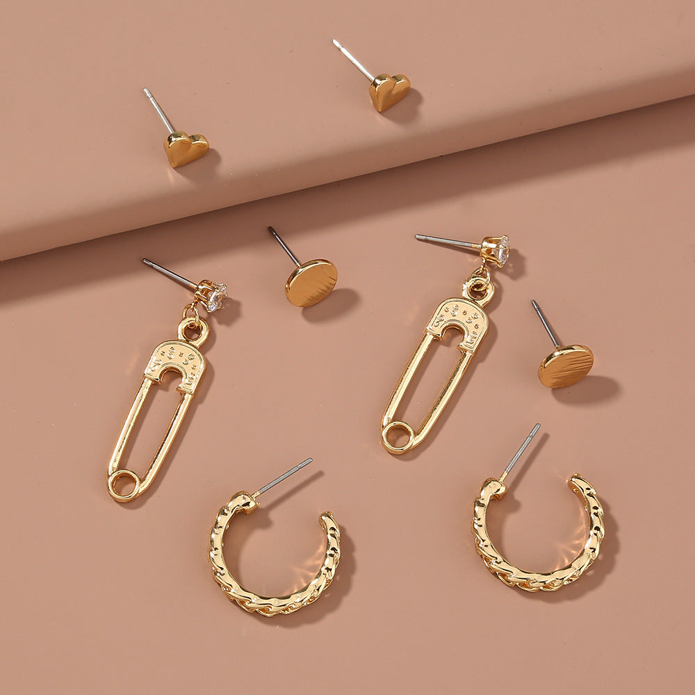 Classic Earring Set Combination Heart Shaped Round Stud Earrings Brooch Diamond Earrings